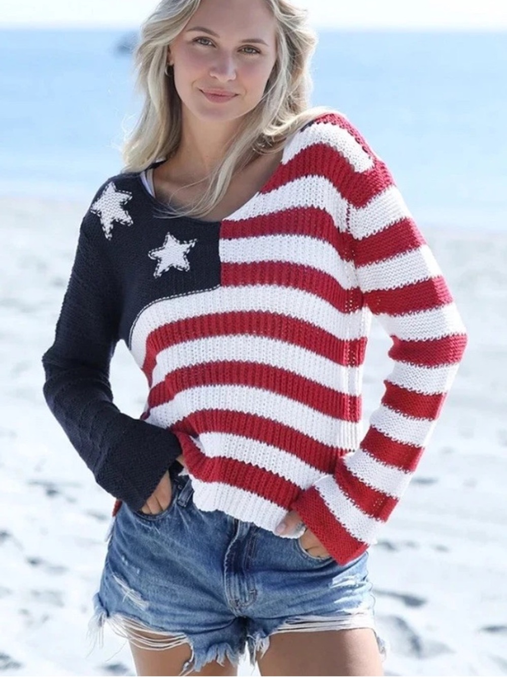 Wooden Ships Paola Buendia Crochet Flag V Neck Cotton Sweater Size XS Patriotic
